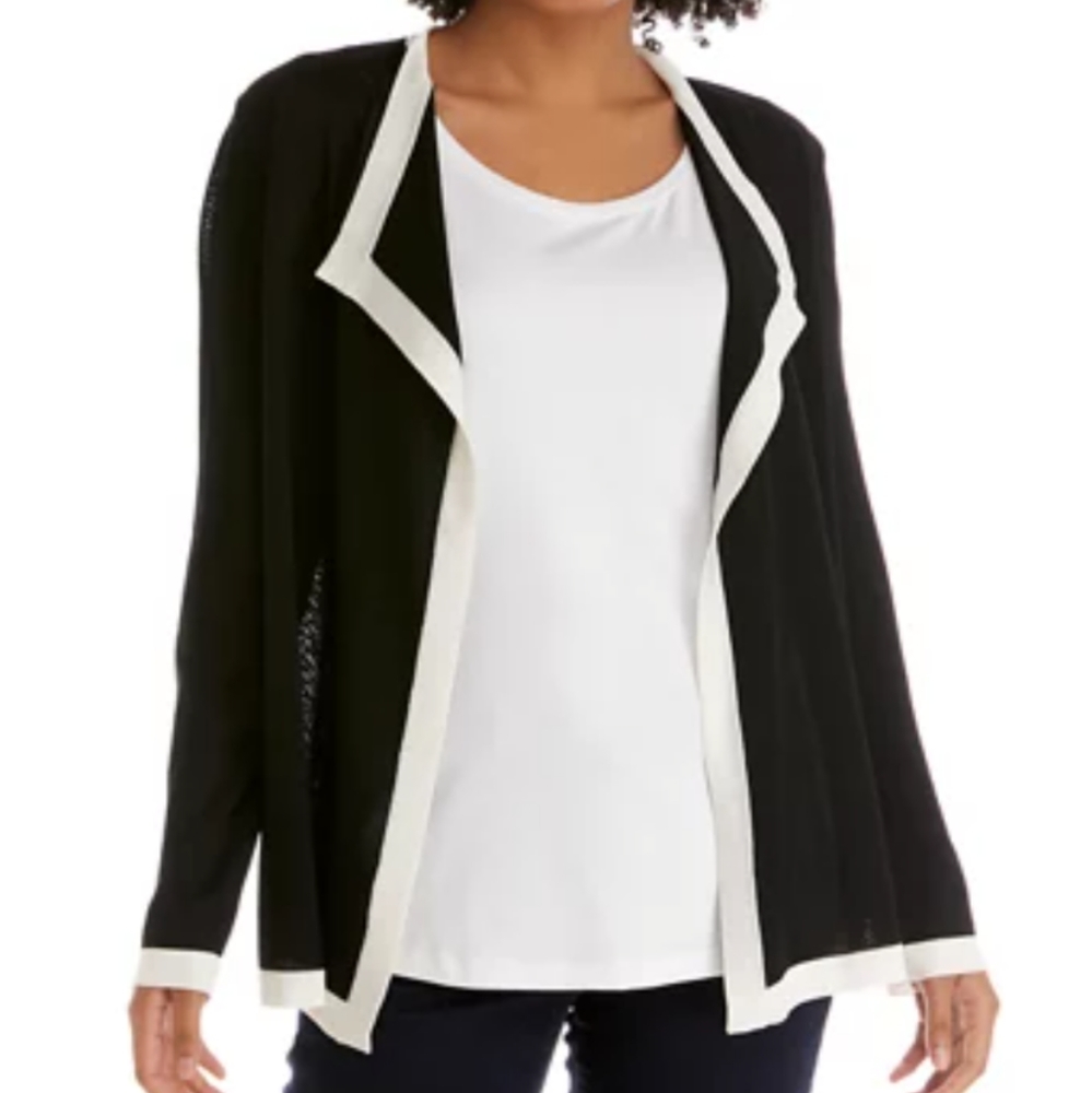 Anne Klein Black Color Block Open Front Drapey Cardigan